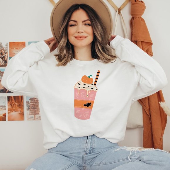 SimplyBeverly Sweaters - Cute Pumpkin Spice Latte Halloween White Sweatshirt